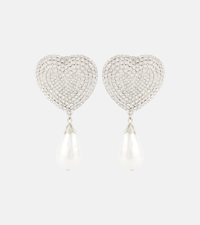 Alessandra Rich Faux Pearl And Crystal Heart Clip-on Earrings In Crystal,white