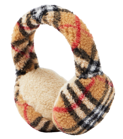 Burberry Kid's Check Fleece Earmuffs In Archive Beige Chk