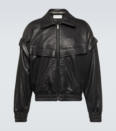 Saint Laurent Distressed Leather Bomber Jacket In Black