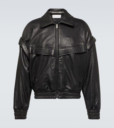 Saint Laurent Leather Bomber Jacket In Black