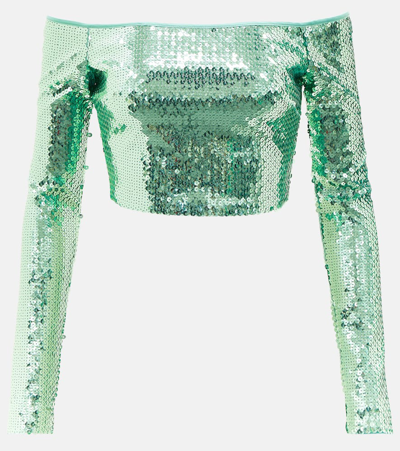 David Koma Sequined Off-shoulder Crop Top In Green