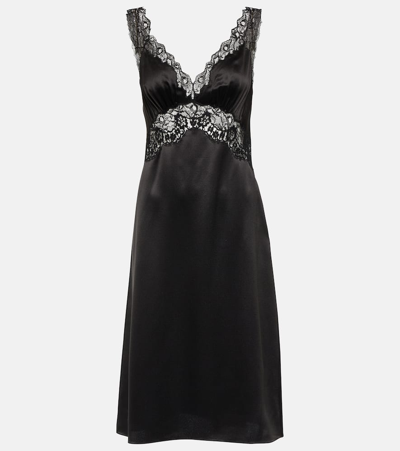 Saint Laurent Crepe Satin Night Dress W/ Lace Trim In Black