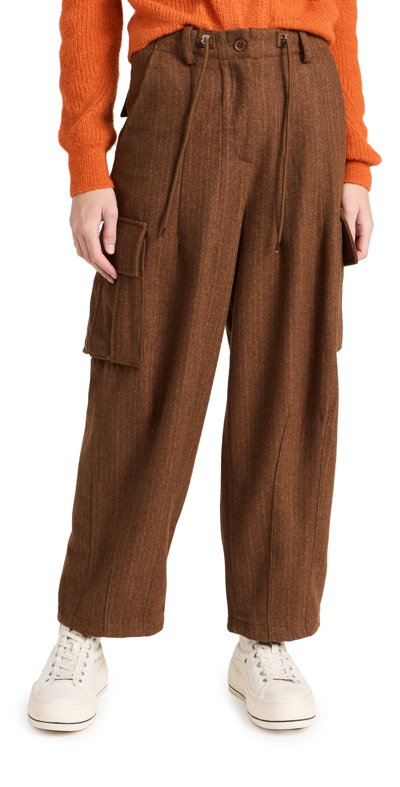 Moon River Stripe Pattern Multiple Cargo Pockets Pants Red Brown M