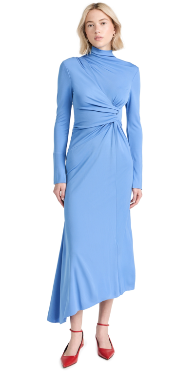 Victoria Beckham Asymmetric Draped High Neck Midi Dress In Blue