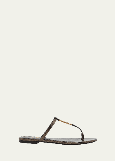 Saint Laurent Cassandra Leather Ysl Thong Sandals In Brown