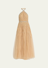 REEM ACRA BEADED CRYSTAL HALTER-NECK TULLE GOWN