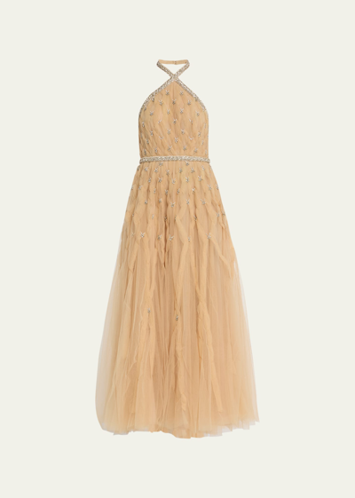 Reem Acra Beaded Crystal Halter-neck Tulle Gown In Nude