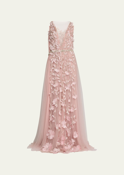 Reem Acra Plunging Floral Feather Applique Crystal Gown In Pink