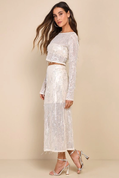 Lulus Greatest Sparkle Beige Mesh Sequin Fringe Two-piece Midi Dress