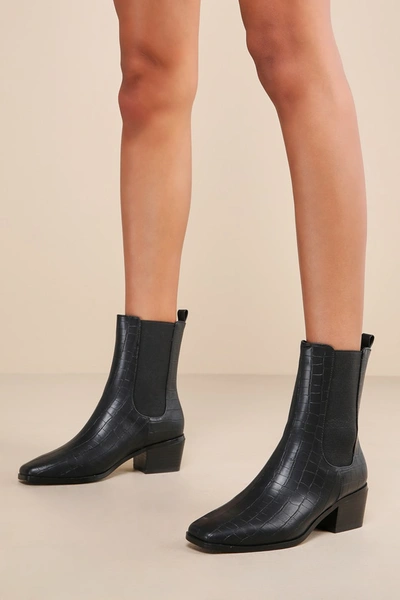 Lulus Jaylia Black Croc-embossed Square-toe Ankle High Heel Boots