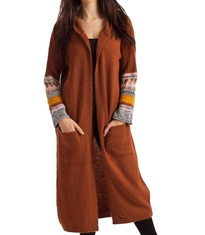 French Kyss Natalia Long Cardigan With Hood In Rust Multi In Brown