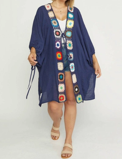 Entro Crochet Trim Open Front Kimono In Navy In Blue