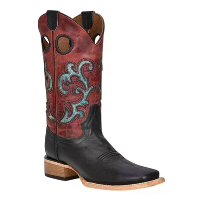 Corral Ladies Shaft And Turquoise Inlay Square Toe Cowboy Boot In Black/red In Multi