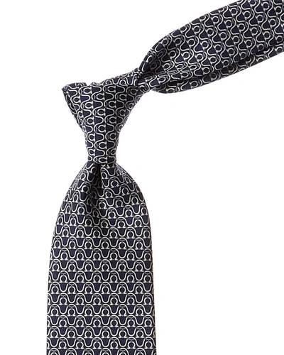 Ferragamo Navy Gancini Silk Tie In Blue