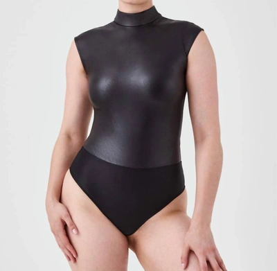 Spanx Mock Neck Faux Leather Thong Bodysuit In Black
