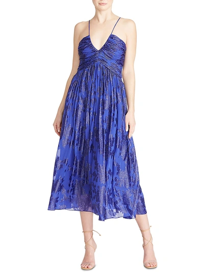 ml Monique Lhuillier Womens Silk Metallic Midi Dress In Blue
