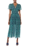 La Ligne Smocked Flutter Sleeve Midi Dress In Navy/ Forest Green/ Pale Blue