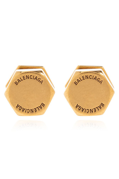 Balenciaga Garage Logo Engraved Earrings In Gold