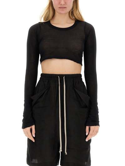 Rick Owens Long Sleeved Cropped Crewneck Top In Nero