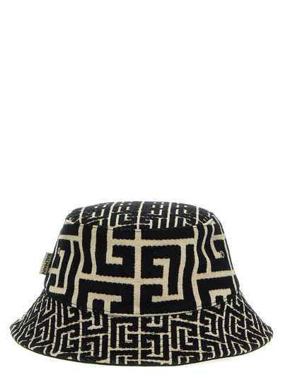 Balmain Monogram Jacquard Logo Patch Bucket Hat In White/black