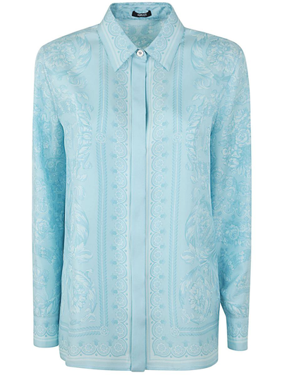 Versace Formal Shirt Silk Twill Fabric Baroque Print 92 Clothing In Blue