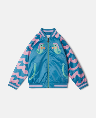 Stella Mccartney Kids' Bomberjacke Aus Satin Mit Stickerei In Blue