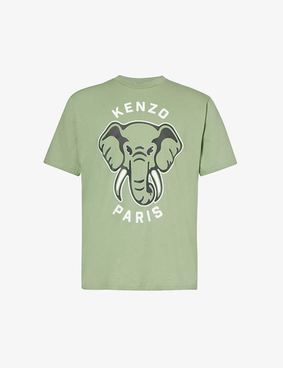 Kenzo Elephant Branded-print Cotton-jersey T-shirt In Almond Green