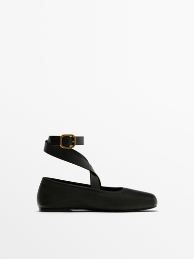 Massimo Dutti Square-toe Ballet Flats In Black