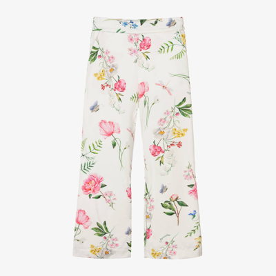 Monnalisa Kids' Floral-print Wide-leg Trousers In White