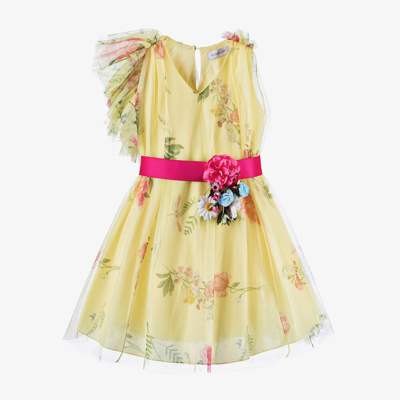 Monnalisa Kids' Girls Yellow Floral Tulle Dress