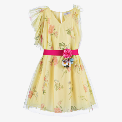 Monnalisa Teen Girls Yellow Floral Tulle Dress