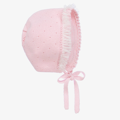 Artesania Granlei Baby Girls Pink Knit & Tulle Trim Bonnet