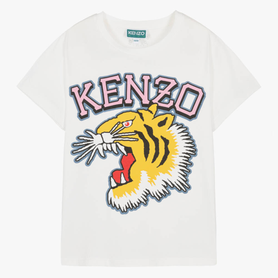 Kenzo Kids Teen Girls Ivory Cotton Varsity Tiger T-shirt