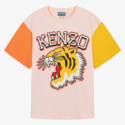 Kenzo Kids Teen Girls Pink Varsity Tiger Colourblock T-shirt