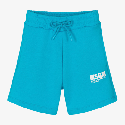 Msgm Kids'  Boys Blue Cotton Slogan Shorts In Light Blue