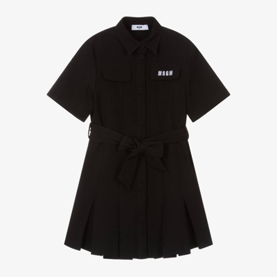 Msgm Kids' Embroidered-logo Pleated Dress In Black