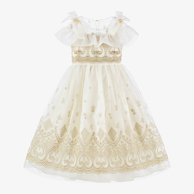 Marchesa Couture Kids' Girls Ivory Embroidered Chiffon Dress In Neutrals