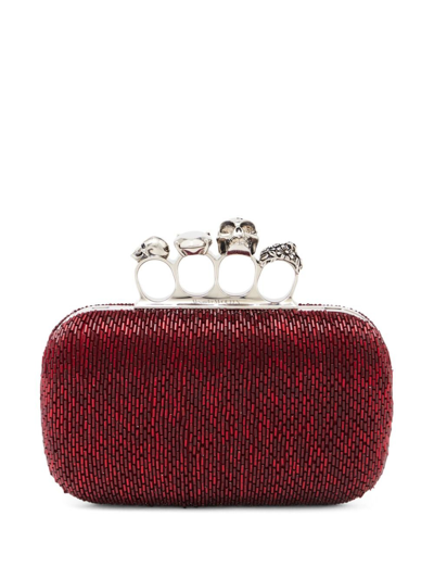 Alexander Mcqueen Skull Four Rings Beaded Leather Clutch Bag In Red