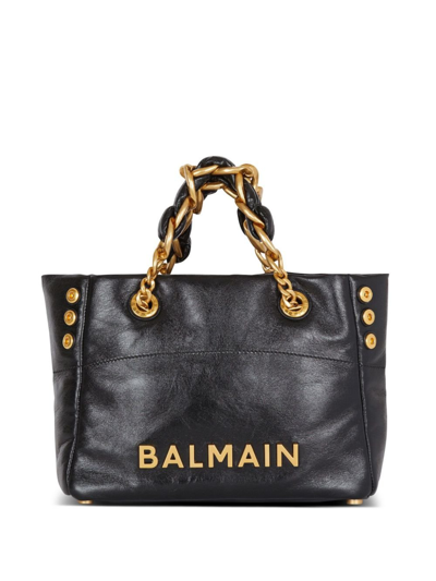 Balmain Black 1945 Soft Crinkled Leather Tote Bag