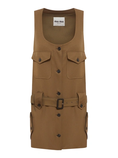 Miu Miu Short Gabardine Dress In Brown