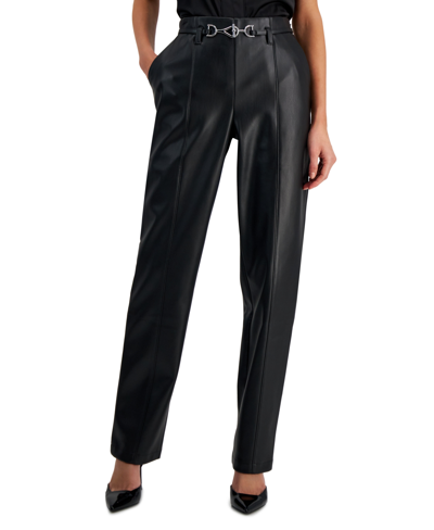 Inc International Concepts Petite Faux-leather Belted Trousers, Created For Macy's In Deep Black