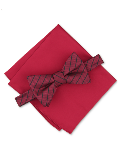 Alfani Men's Linden Stripe Bow Tie & Solid Pocket Square Set, Created For Macy's In Burgundy