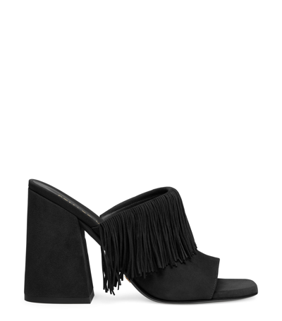 Stuart Weitzman Tia Suede Fringe Mule Sandals In Black