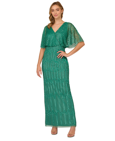 Adrianna Papell Women's Beaded Flutter-sleeve Blouson Gown In Jungle Green