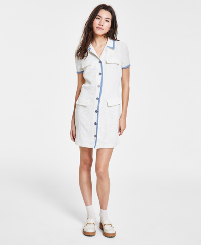 City Studios Juniors' Collared Button-front Dress In Ivory,blue