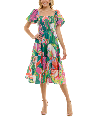 Crystal Doll Juniors' Printed Tiered Puff-sleeve Dress In Pink Multicolor
