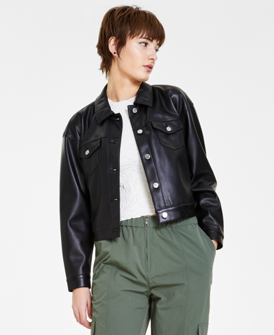 Bar Iii Petite Cropped Long-sleeve Faux-leather Jacket, Created For Macy's In Deep Black