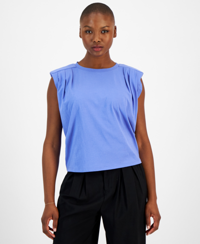 Bar Iii Petite Sleeveless Pleated-shoulder T-shirt, Created For Macy's In Worldly Blue