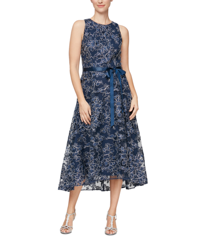 Alex Evenings Floral Embroidery Sleeveless Cocktail Midi Dress In Navy