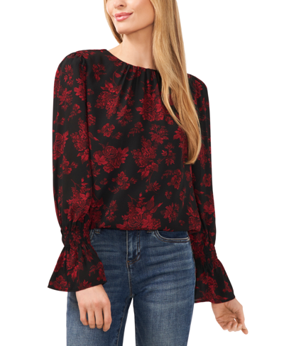 Cece Women's Floral Print Crew Neck Long Sleeve Smocked Cuff Blouse In Rich Black